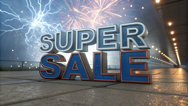 Dynamic 3D text displaying 'Super Sale' against a vibrant background of fireworks and lightning, conveying excitement and urgency.