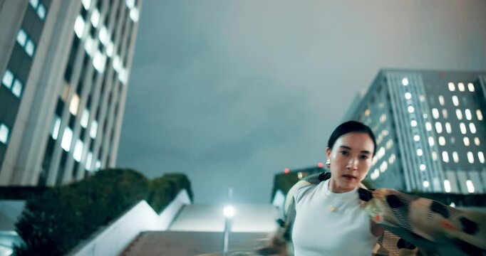 Woman, city and ballerina dance at performance, creative or street choreography in portrait at night in Japan. Ballet, outdoor and girl practice art, freedom or rhythm for energy to exercise in Tokyo