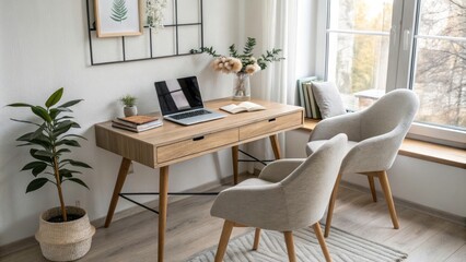 Minimalist Home Office Setup with Wooden Desk, Laptop, and Decorative Plant in Natural Light