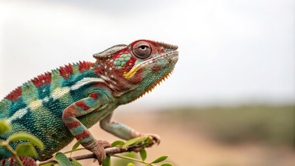 Obraz premium Minimalist Photography of a Colorful Chameleon in Various Shades, Showcasing Its Vibrant Patterns and Textures in a Simple, Elegant Composition