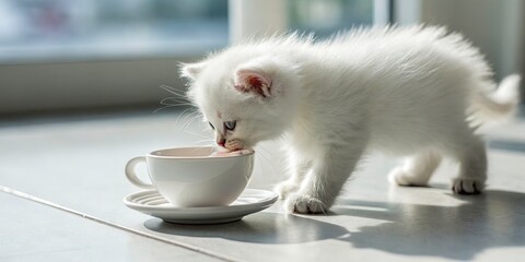 Fototapeta premium Minimalist Photography of a Fluffy White Kitten Drinking from a Cup in Soft Lighting