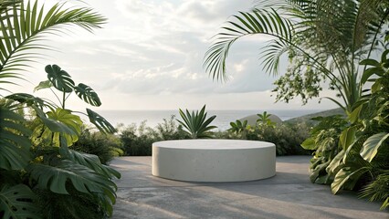 Fototapeta premium Minimalist Tropical Podium Display with Green Plant Shadows for Serene Backgrounds