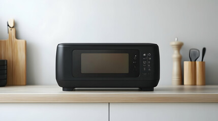 Obraz premium Modern black microwave oven on kitchen counter.