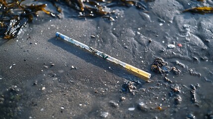A zoomed-in shot of a plastic straw nestled in wet sand, surrounded by washed-up debris like small plastic shards and dried seaweed, emphasizing environmental impact