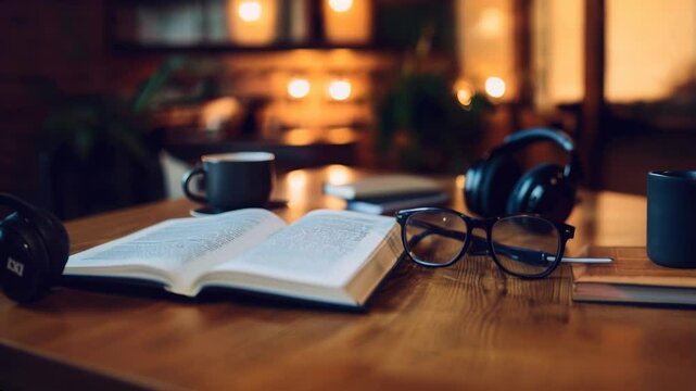Cozy Reading Setup with Open Book, Coffee Cup, Headphones, and Soft Lighting