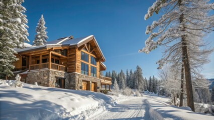 Modern Cabin in Winter Wonderland: Cozy Retreat with Wooden and Stone Accents Surrounded by Snow-Covered Trees and Vibrant Blue Skies