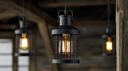 Rustic Industrial Cage Pendant Lights Hanging in a Wooden Room