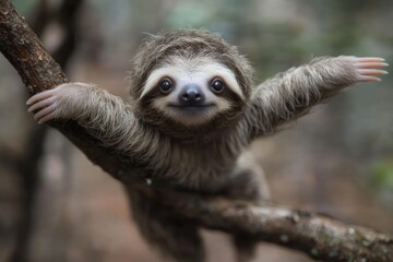 Adorable Baby Sloth Hanging on Branch