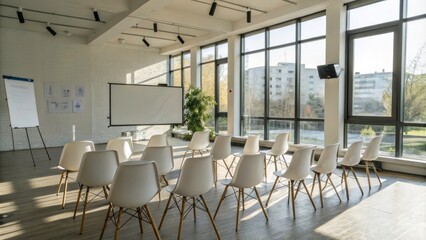 Modern Classroom Design with White Chairs and Blank Presentation Board for Educational Settings, Learning Environments, and Collaborative Workspaces