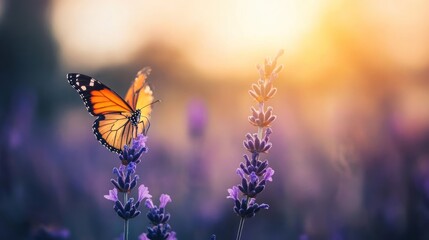 Sunset Serenity: Monarch Butterfly on Lavender