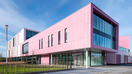Obraz premium Modern Architectural Building with Pink Facade and Large Windows Under Clear Blue Sky, Showcasing Contemporary Design and Innovative Urban Planning