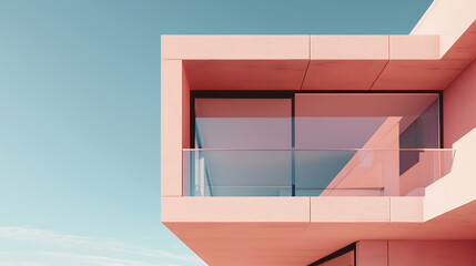 Fototapeta premium Modern Minimalist Architecture Featuring a Unique Pink Facade and Large Glass Windows Against a Clear Blue Sky