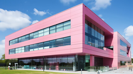 Obraz premium Contemporary Pink Office Building with Modern Architecture Surrounded by Green Lawn and Blue Sky, Showcasing Innovative Design and Stylish Exterior Features