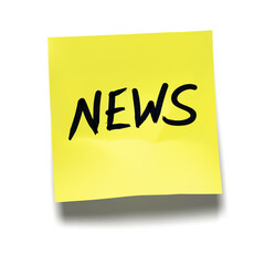 Word &lsquo;News&rsquo; written on yellow sticky note with cast shadow 