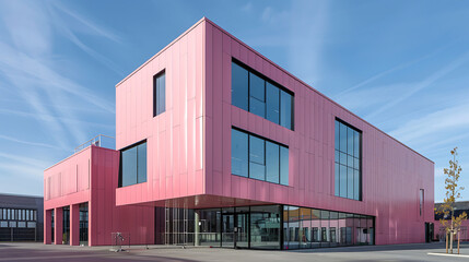 Obraz premium Modern Architectural Design of a Pink Facade Building with Large Windows and Contemporary Style, Set Against a Clear Blue Sky in an Urban Environment