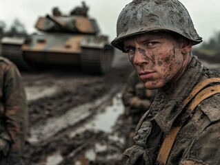 Obraz premium Mud-Covered Soldier, Serious, WWII Battlefield