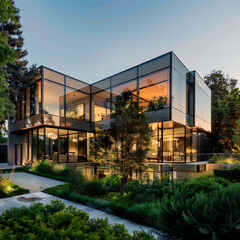 Obraz premium Modern luxury house with large glass windows surrounded by lush greenery on a serene evening, showcasing contemporary architecture and inviting ambiance.