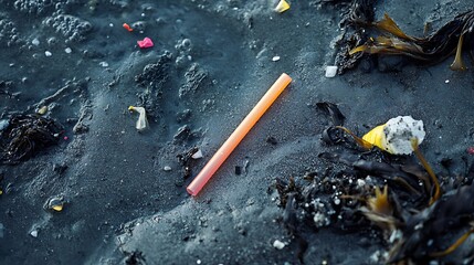 Obraz premium A zoomed-in shot of a plastic straw nestled in wet sand, surrounded by washed-up debris like small plastic shards and dried seaweed, emphasizing environmental impact
