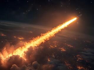 Fiery Rocket Launch Over Night Cityscape