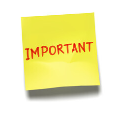 Word &lsquo;Important&rsquo; written in red on yellow sticky note with cast shadow 