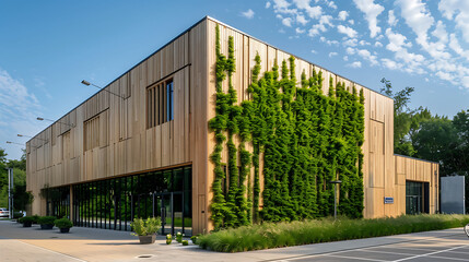 Obraz premium Modern Eco-Friendly Building with Vertical Garden, Wooden Facade, and Large Glass Windows Set Against a Bright Blue Sky with Clouds