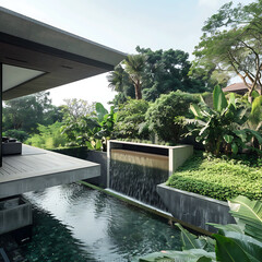 Modern architectural design featuring a serene outdoor space with a waterfall, lush greenery, and an inviting pool area in a tranquil residential setting