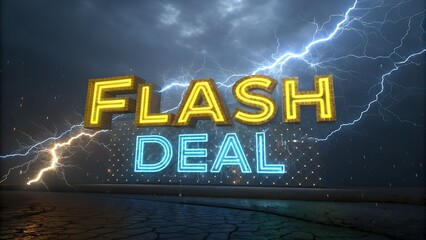 Illuminated 3D text 'Flash Deal' against a stormy sky, highlighting a dramatic and urgent sales offer with electrifying lightning bolts in the background.