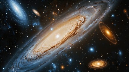 A vast expanse of the universe featuring multiple galaxies swirling through space. The central focus is a large spiral galaxy with bright, luminous arms extending outward. This galaxy is surrounded by