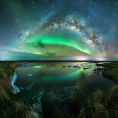 Mesmerizing Aurora Borealis Over Tranquil Waters with Starry Sky Reflection, Vibrant Green Light Display and Cosmic Milky Way Band in Serene Nature Landscape
