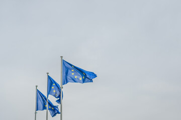 European EU flags in front of the Berlaymont building, headquarters of the European commission in Brussels, Belgium