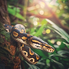 Obraz premium Close-Up of a Colorful Python Snaking Through Lush Green Foliage in the Heart of a Tropical Jungle, Capturing Nature's Vibrant Beauty and Serene Environment