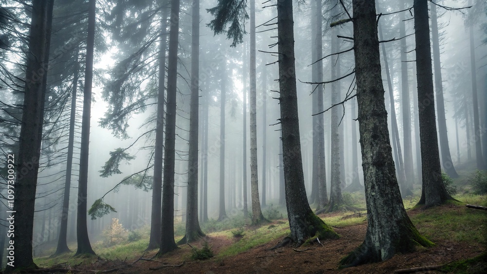 Wall mural fog swirling around the trunks of dark spruce trees in a dense forest, foggy environment, coniferous