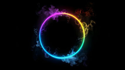Bright rainbow neon ring with a smoky aura, creating a striking electrical laser effect on a dark backdrop.