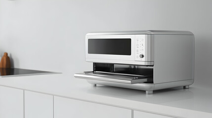 Fototapeta premium Modern silver countertop oven with open drawer in minimalist kitchen.