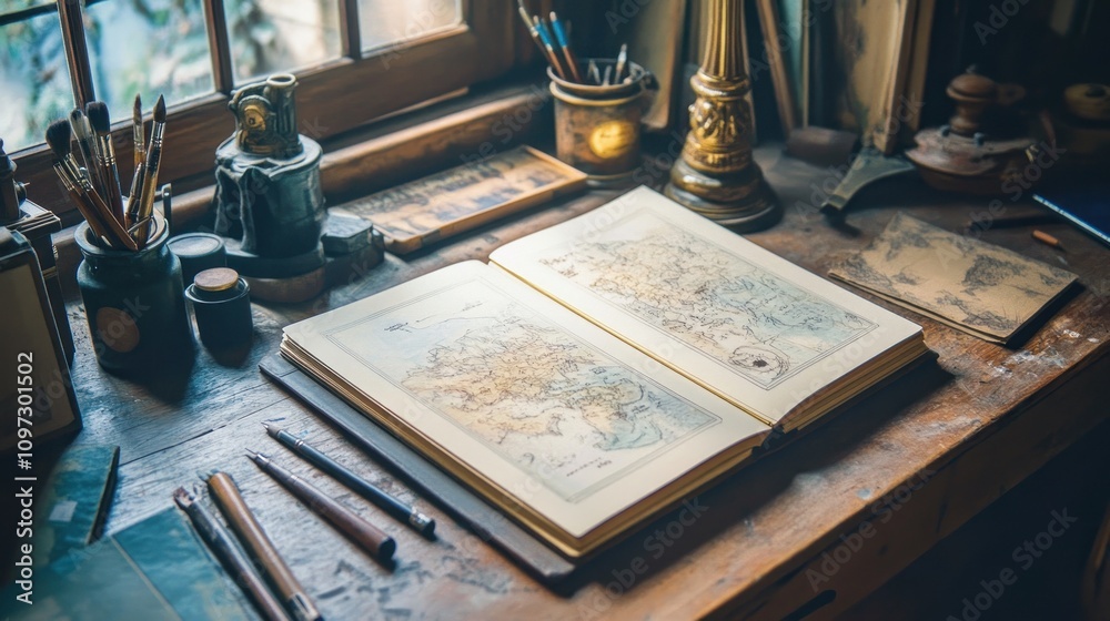 Poster Artists Desk With Open Book Showing Hand Drawn Map