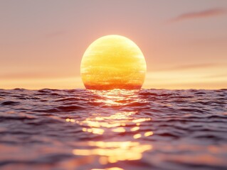 Obraz premium A stunning sunset over calm ocean waters, with vibrant hues of orange and yellow reflecting on the surface.