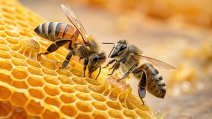 Surreal Macro Photography of Bees and Honeycomb in Golden Textures, Capturing the Essence of Pollination and Organic Beekeeping in a Vibrant Apiary Environment