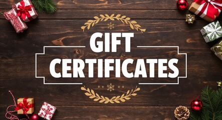 Gift certificates lettering on card with wooden background
