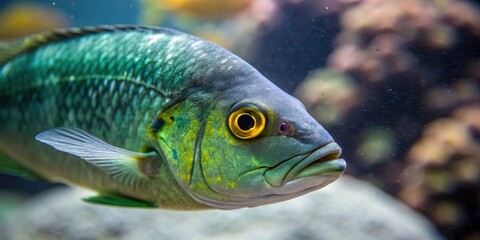 Tilt-Shift Photography of a Green and Gray Fish with Yellow Eyes in a Vibrant Aquatic Environment