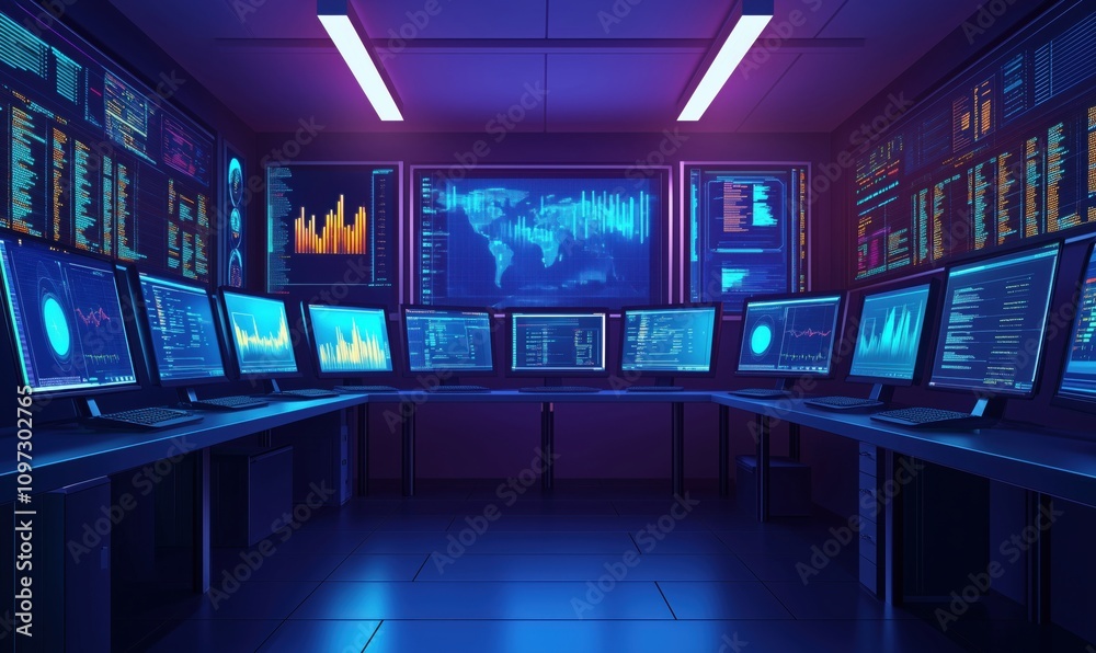Poster high-tech control room with multiple screens displaying data analytics and graphs