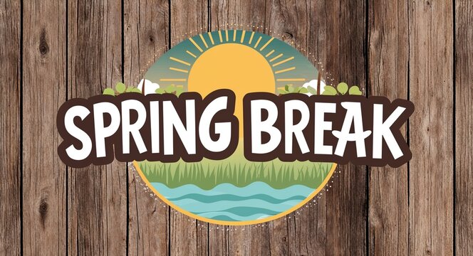 spring break lettering on card with wooden background