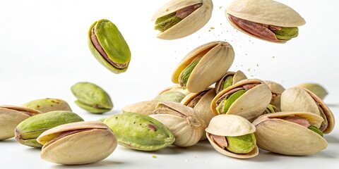 Vibrant Green Pistachio Nuts in Shell Falling Through the Air - Healthy Snack Advertising Poster for Nut Lovers and Health Enthusiasts