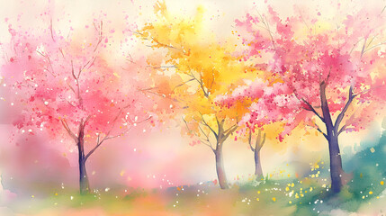 Light, fresh watercolor trees in pastel pinks, yellows, and greens, perfect for a springtime theme