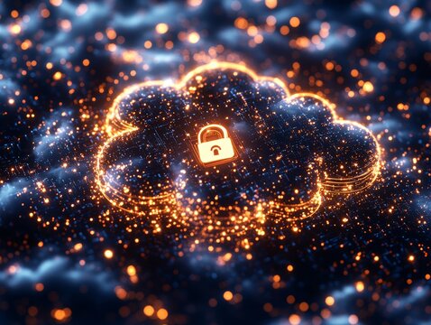 Golden sparkling digital cloud with security padlock and glowing particles, symbolizing safe data storage, cyber protection, and encrypted networks