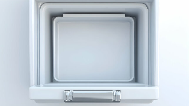 Open white refrigerator crisper drawer with empty compartments.