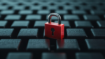 Fototapeta premium Cyber Insurance Risk Management Concept. A close-up of a red padlock placed on a black keyboard, symbolizing security, privacy, and the protection of digital information.