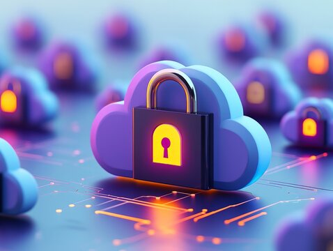 Vibrant purple cloud with a yellow padlock icon and glowing details, representing cloud security, digital safety, and encrypted storage solutions