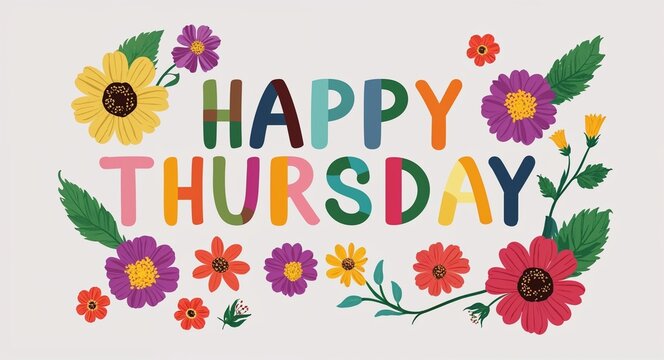 happy Thursday lettering with colorful flowers on plain white background