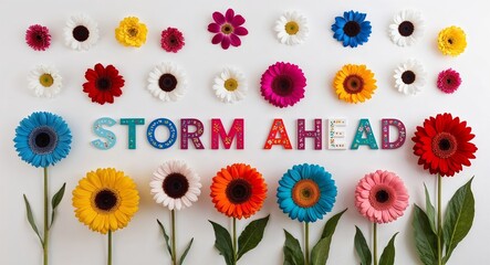 storm ahead lettering with colorful flowers on plain white background