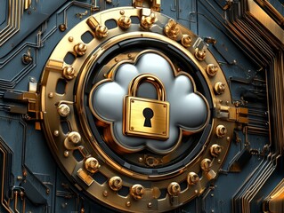 Fototapeta premium Intricate gold and metallic lock embedded in a cloud design surrounded by detailed gears, symbolizing advanced data security, encryption, and cloud based technology systems